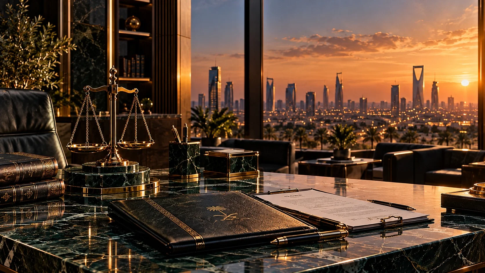 مكتب المحاماة الفاخر وإطلالة غروب الشمس على أفق الرياض